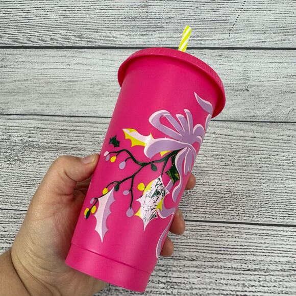 Starbucks Holiday 2023 Hot Pink Reusable Winter Printed Straw Cup 24 FL.OZ - Picture 3 of 8